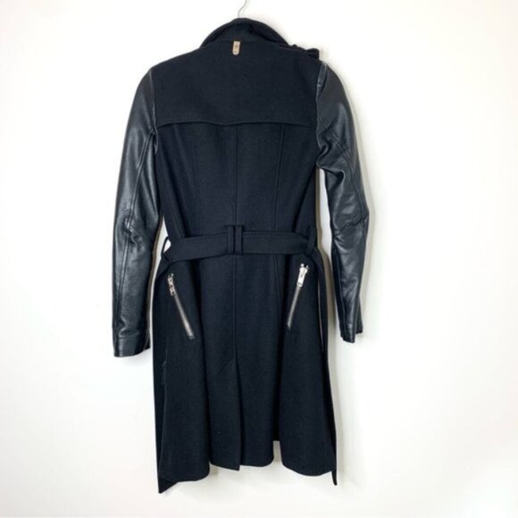 Aritzia Mackage Dale Wool Trench Coat Asymmetrical Leather Sleeves Black XXS - Picture 16 of 16